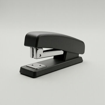 A black stapler with a silver metal staple mechanism on a plain background