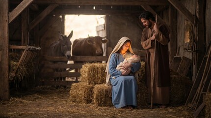 Naklejka premium Virgin Mary holding baby Jesus with Saint Joseph standing in manger. Nativity scene with holy family and animals in stable. Religious celebration of Christmas christian faith tradition.
