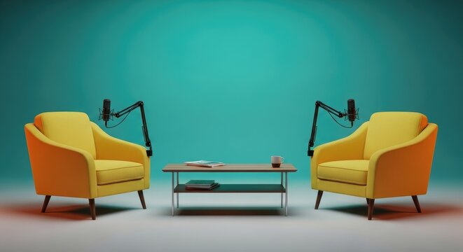 Modern podcast studio setup with yellow armchairs and microphones teal background