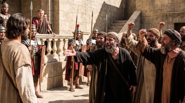 Jesus standing before an angry crowd and Roman soldiers. Biblical scene showing trial and condemnation. Religious drama depicting faith, persecution, and historical injustice in Jerusalem.