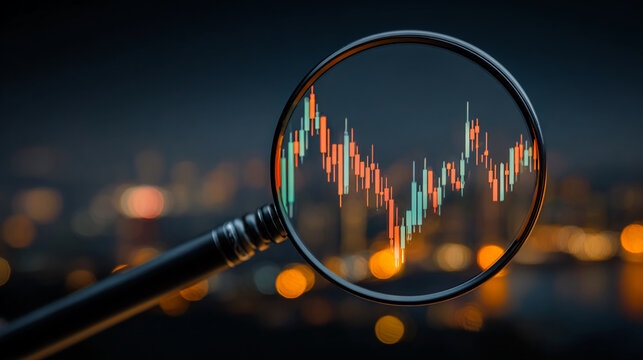 Close up of magnifying glass focusing on rising stock market candlestick chart with city bokeh background, symbolizing investment analysis and buisness growth stratgy, 8k HDR