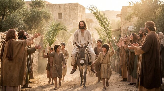 Jesus riding donkey entering Jerusalem. Crowd of man, woman and kid welcoming savior with palm branch. Biblical scene of Palm Sunday. Historical religious event and spiritual faith concept.