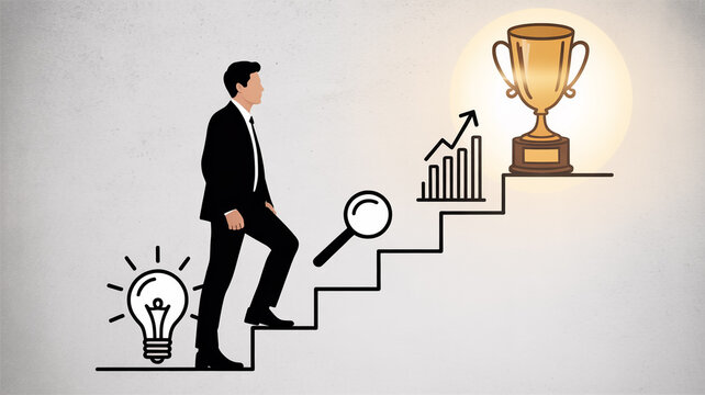 Man in business suit climbing stairs with light bulb, magnifying glass, bar graph, and trophy