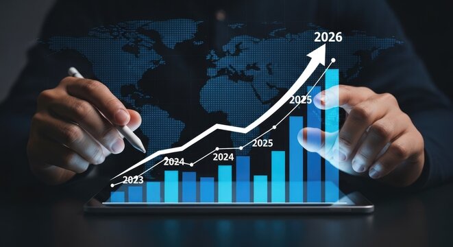 3 d render of a hand holding a bar graph with years 2021 to 2026