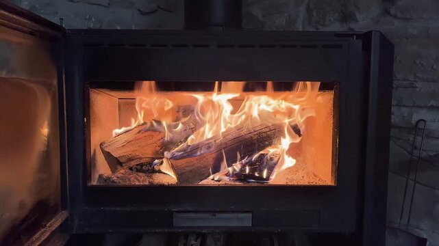 Cozy wood burning stove fire crackling in a fireplace insert at home