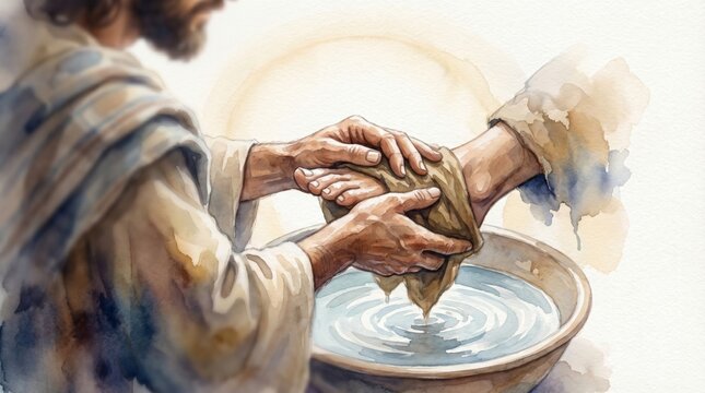 Jesus washing the feet of a follower. Symbolic act of humble service and love in Christian tradition. Watercolor illustration depicting biblical scene for religious education and faith.
