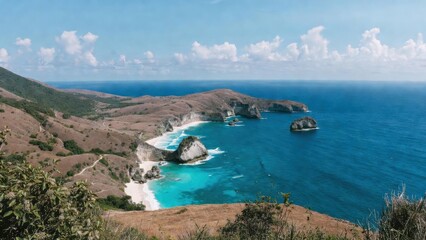 Fototapeta premium Rocky coastal cliffs overlooking turquoise sea and small islets