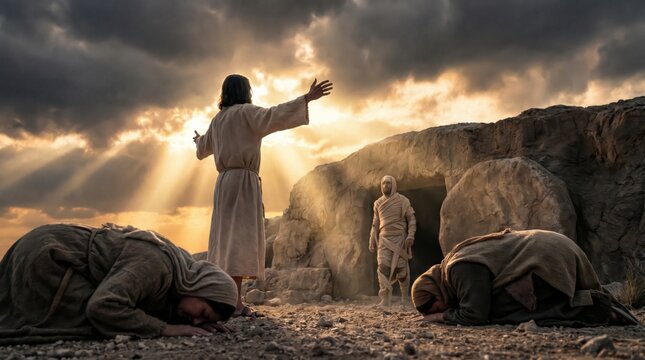 Jesus Christ raising Lazarus from the tomb. Biblical scene of miracle and resurrection. Catholical religious illustration demonstrating divine power, faith, hope and belief in salvation.