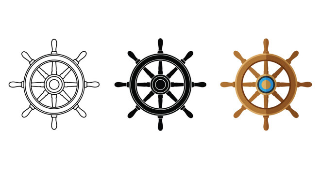 3 ship steering wheels icon set isolated - logo icons vector set. Blue, Black and white icons