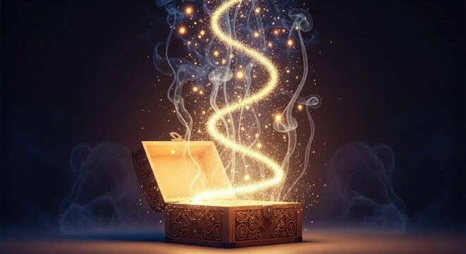 Mysterious box emitting bright energy with glowing ethereal effects and particles