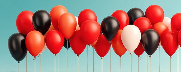 Fototapeta premium Red and black balloons clustered for party celebration against a soft turquoise background