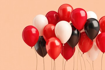 Fototapeta premium Red, black and white balloons clustered for party decorations and festive celebration on peach background