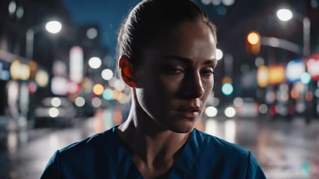 Woman in scrubs looks at the camera at night.