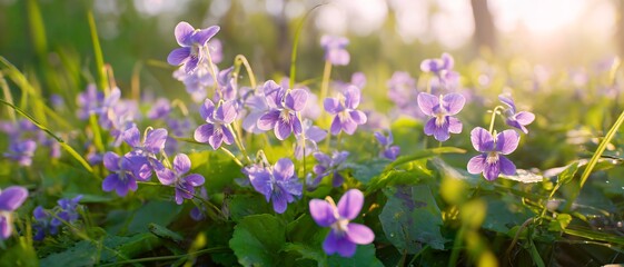 Fototapeta premium Purple violets bloom in soft sunlight