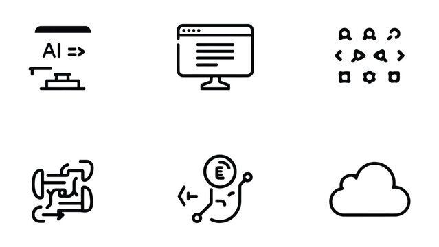 Coding and Technology Icons: A concise set of minimalistic icons representing crucial components of coding, AI, and cloud technology, essential for developers and tech enthusiasts alike. 