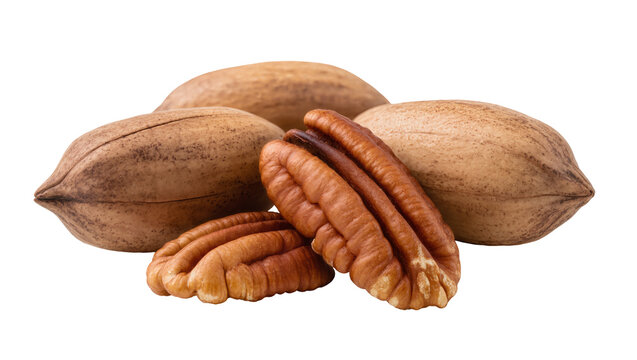 Isolated healthy pecans, both whole nuts and shelled halves, delicious natural snack food ingredient