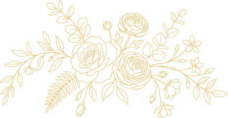 Elegant gold line art floral bouquet illustration featuring roses and eucalyptus leaves on a black background for design © Firdaus
