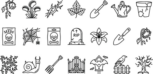 Vector set of spooky gothic gardening line icons featuring wilted flowers, venus flytrap, gravestone, poison seeds, and dark nature symbols. © PNG Stock world 