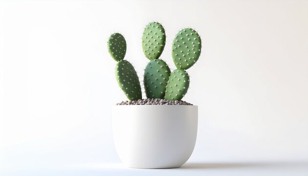 Seorang fotografer kunang-kunang mengabadikan kaktus Opuntia yang anggun dalam pot putih dengan latar belakang studio yang lembut.