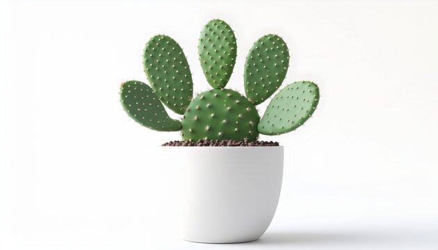 Kaktus Opuntia hijau yang indah dalam pot putih, terisolasi di latar belakang putih bersih.