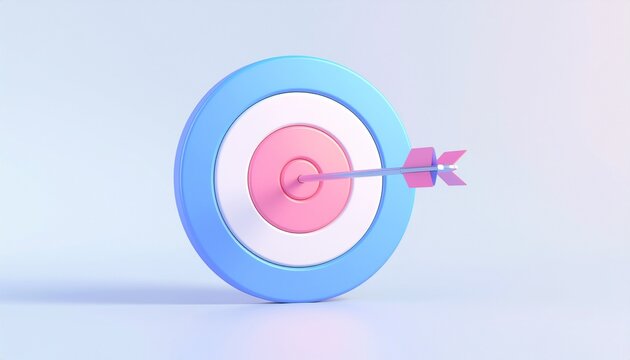 Renderan 3D dari anak panah yang mengenai sasaran berbentuk lingkaran berwarna-warni di latar belakang yang bersih.