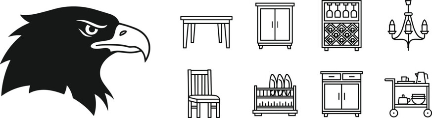 Fototapeta premium Set of Furniture and Eagle Head Icons for Interior Design, Home Decor, and Wildlife Branding