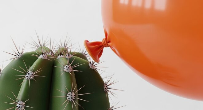 Orange balloon against green cactus contrasting textures and potential hazards