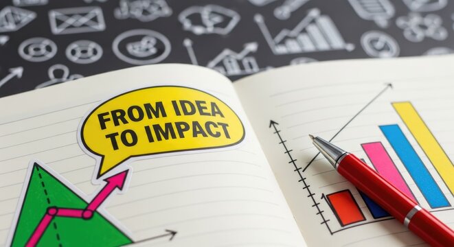 Yellow pencil arrow from idea to impact with charts and bar graph