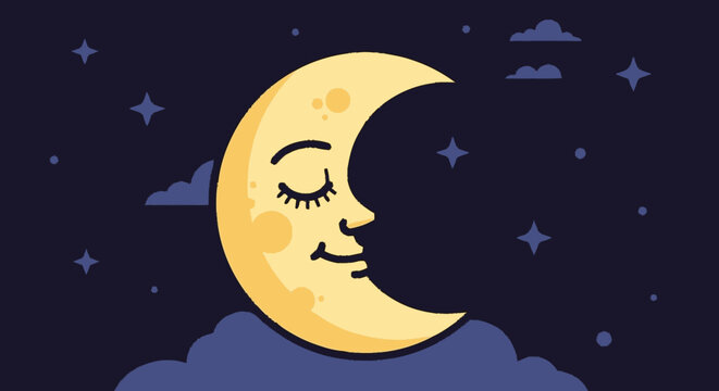 Cartoon illustration of a crescent moon with closed eyes at night