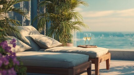 Obraz premium Relaxing Summer Holiday Seaside Resort Scene with Luxury Lounge Chairs and Refreshing Drinks Ocean View Serene Atmosphere for Ultimate Comfort and Leisure