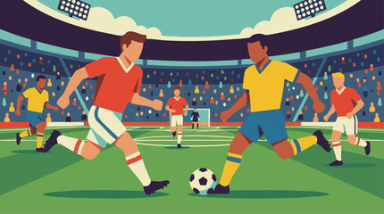 Soccer players in a vibrant stadium competing for the ball during a match © Siamart