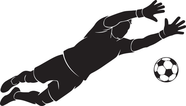 Silhouette of male soccer goalie diving for ball, action sport concept, isolated on checkered background.