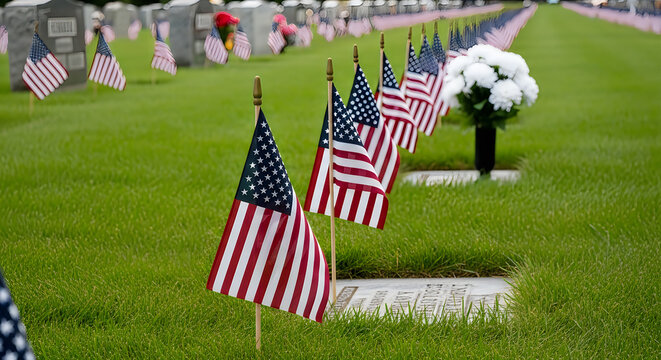 Honoring veterans on flag day american flags placed on graves in a cemetery