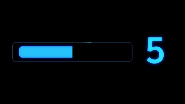 Blue Glowing Progress Bar with Countdown From 10 to 1 Loading Animation on Alpha Channel for UI Design