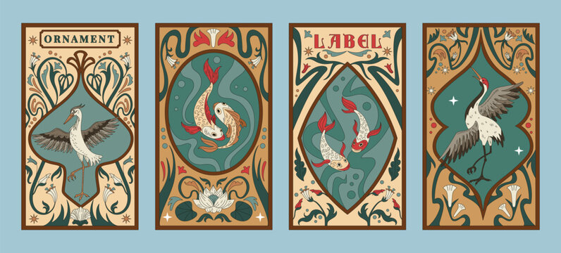 Art deco label. Vintage frame. Fish bird antique ornament design. Heron border for wine. Element floral shape, retro sticker. Art nouveau lotus and lily. Vector luxury decor tidy plaque isolated set