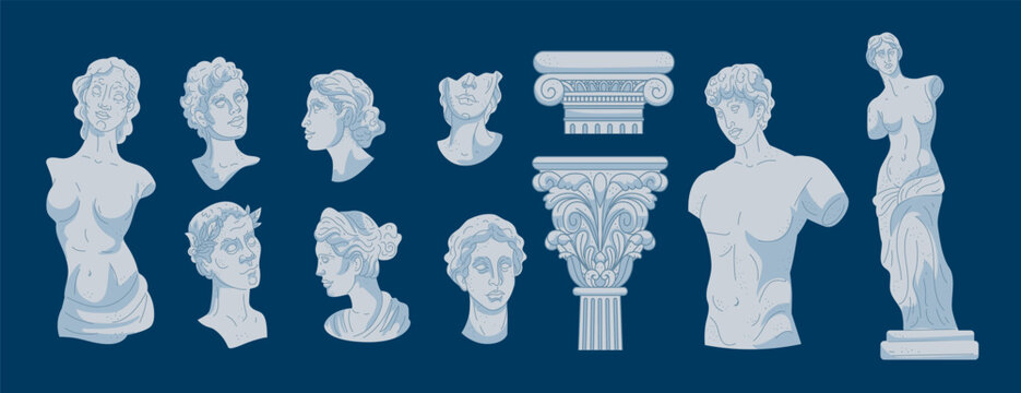 Sculpture Greek. Statue antique elegant, Roman culture. Ancient art architecture. Gypsum bust, classic bas relief. Sticker goddess for poster design. Vector tidy cartoon isolated illustration set