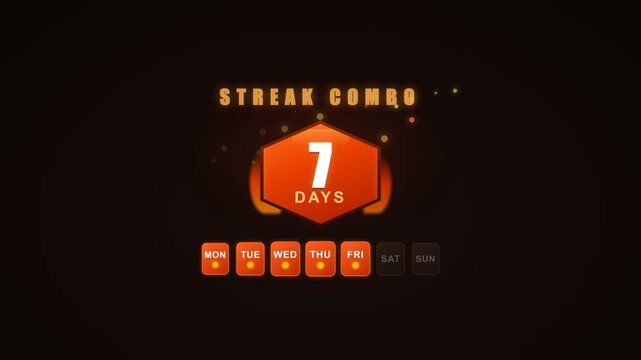 Gaming UI Element 7 Day Streak Combo Achievement Counter with Glowing Orange Design on Black Background for Mobile Apps