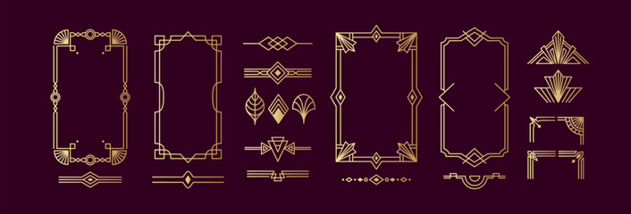 Geometric elegant frame. Art deco ornament. Border Gatsby style. Gold line element. Luxury design. Icon vintage, decorative pattern for card. Vector retro decor cartoon flat style isolated templates © Natalia