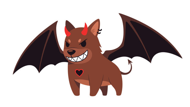 Funny brown demon dog with black bat wings and red horns standing with a toothy grin on a white background.
