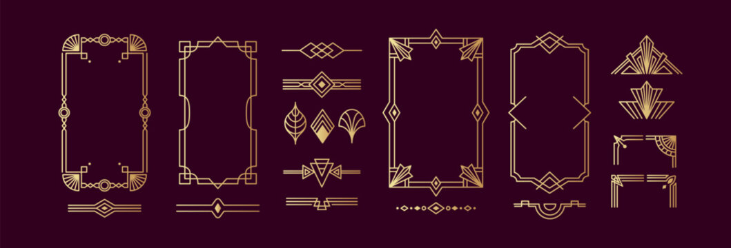 Geometric elegant frame. Art deco ornament. Border Gatsby style. Gold line element. Luxury design. Icon vintage, decorative pattern for card. Vector retro decor cartoon flat style isolated templates