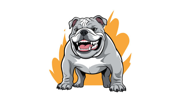 Aggressive grey bulldog character standing in a powerful pose with a fierce expression against a vibrant orange and yellow flame background.