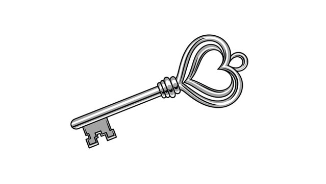 Detailed silver skeleton key with a decorative heart shaped bow representing love, secrets, or the key to ones heart on a clean white background.