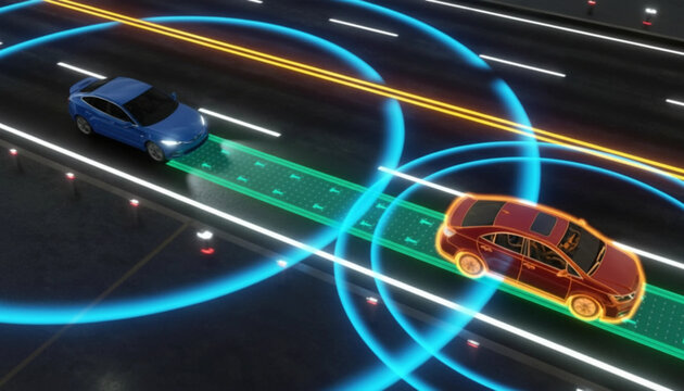 Autonomous cars on a night highway with blue sensor scanning rings and green lane-keeping paths, demonstrating smart traffic monitoring and AI driving technology.