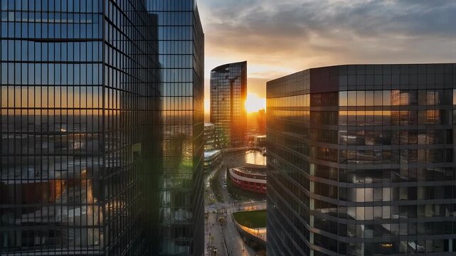 A stunning sunset view between modern skyscrapers illuminates a vibrant cityscape with reflections and urban architecture.