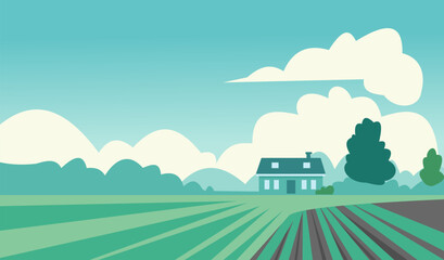 Fototapeta premium Agriculture farm. Farming field. Summer nature. Countryside barn or ranch house. Country green farmland scenery. Agricultura rural grassland. Sky clouds. Plantation land panorama. Vector illustration