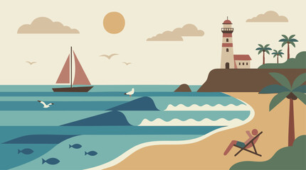 Naklejka premium Flat design coastal scene with lighthouse, sailboat, beach, and relaxing person