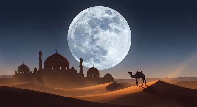 Happy muharram majestic moon over desert landscape with camel silhouette