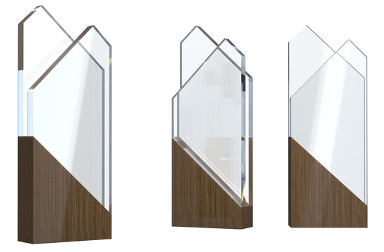 Acrylic menu or sign holder with wooden base. Set of 3d illustrations transparent background