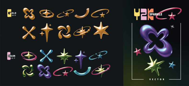Y2K gold 3D icon. Shiny retro graphic symbol. Metallic star. Abstract sparkle and flower. Oval shape. Realistic render metal geometry. Award futuristic. Glossy cross. Vector color chrome figures set