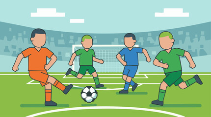Cartoon football game with players kicking ball on green field in stadium © Siamart